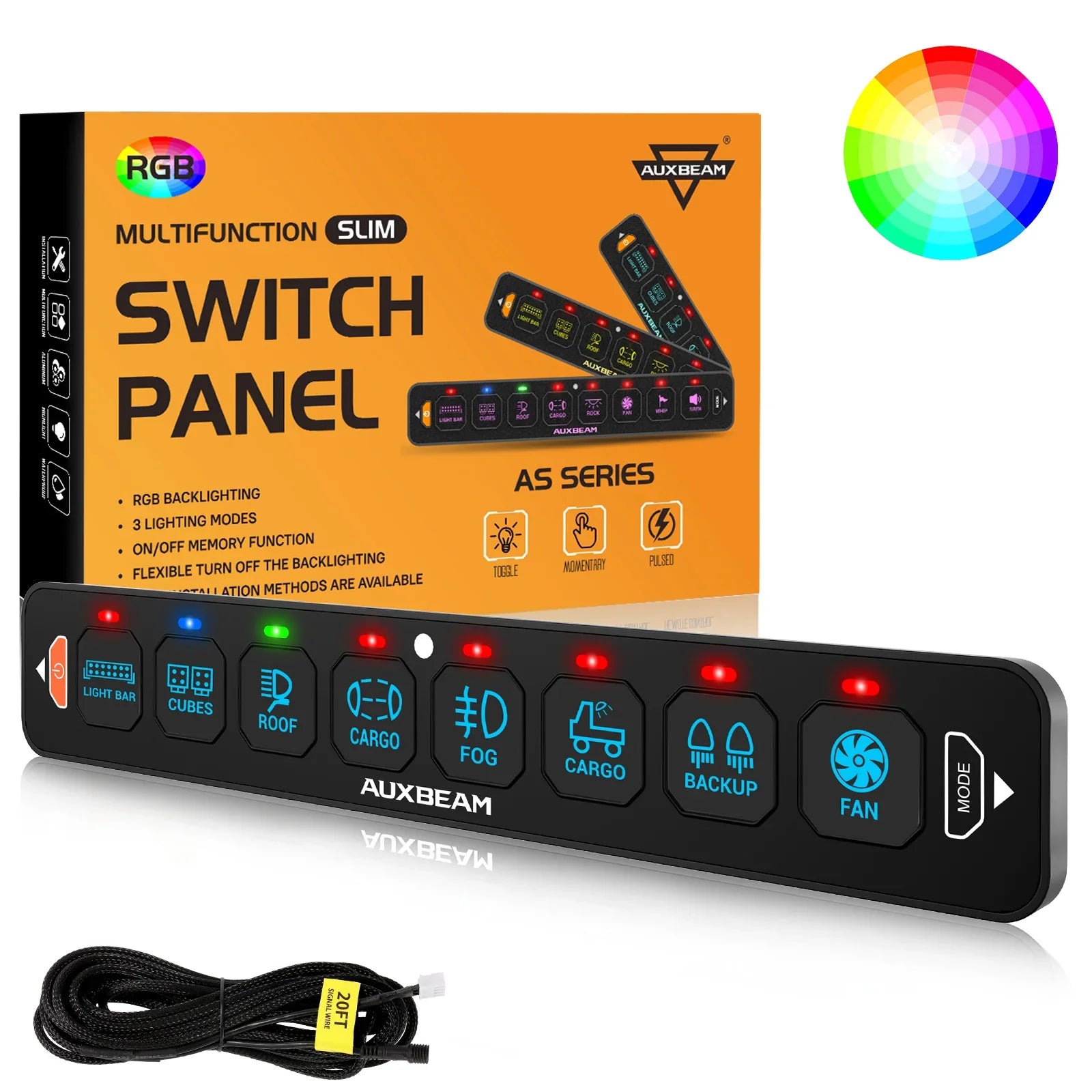 Auxbeam® AS-R80 RGB Slim Switch Panel, Toggle/ Momentary/ Pulsed Mode