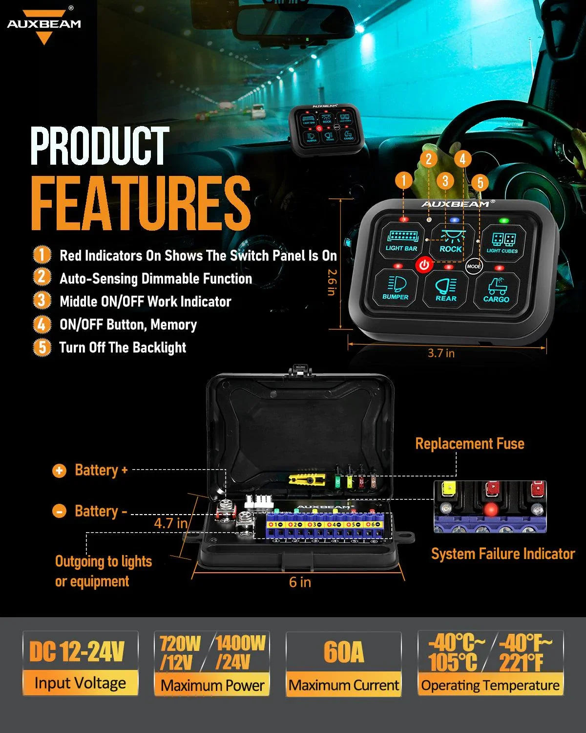 Auxbeam® RA60 RGB Switch Panel, Toggle/ Momentary/ Pulsed Mode