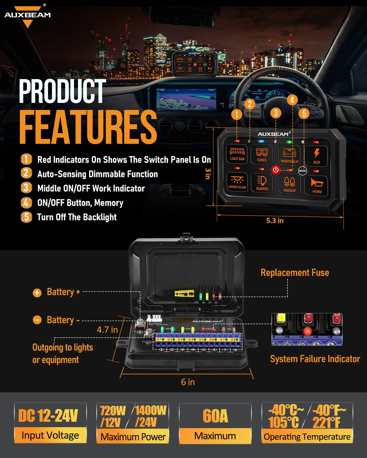 Auxbeam 6 Gang Switch Panel RA60 Toggle Momentary Pulsed RGB Dimmable Multifunction Panel Built-in Solid State Relay Marine Control Waterproof For Car - Foto 11