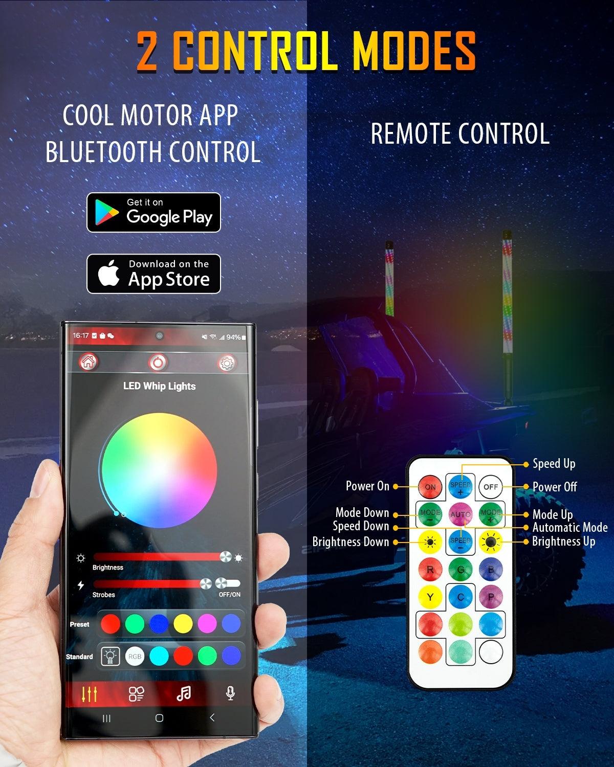 New 2.2FT LED RGB Whip Lights with Turn Signal & Brake Light, Bluetoot