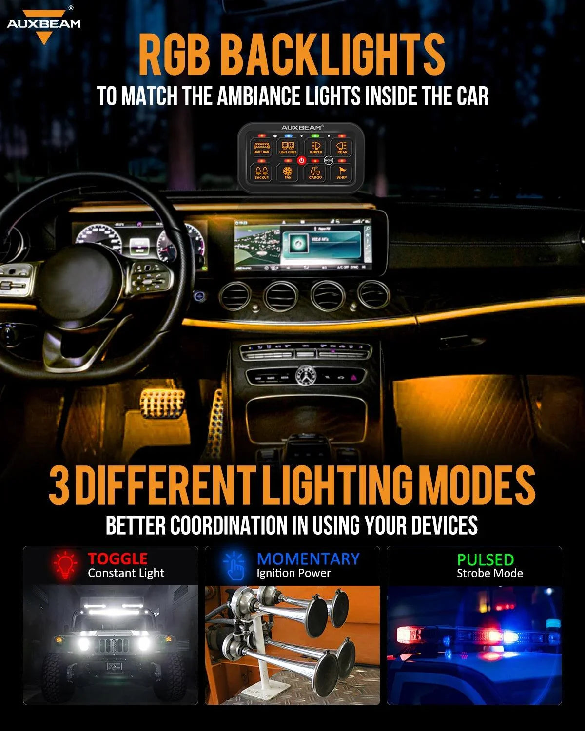 Auxbeam® RA80 RGB Switch Panel, Toggle/ Momentary/ Pulsed Mode
