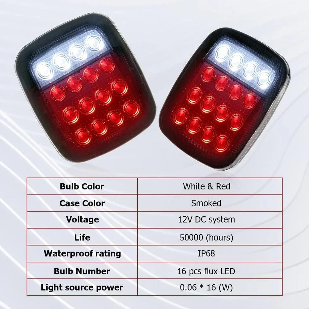 thumbnail image 2 of Partsam Partsam 2x Universal 16 LED Stop Tail Turn Signal Backup Reverse Brake Clearance Marker Lights Lamps Red/White Replacement For Jeep YJ JK CJ Truck Trailer Waterproof 12V 2 of 12