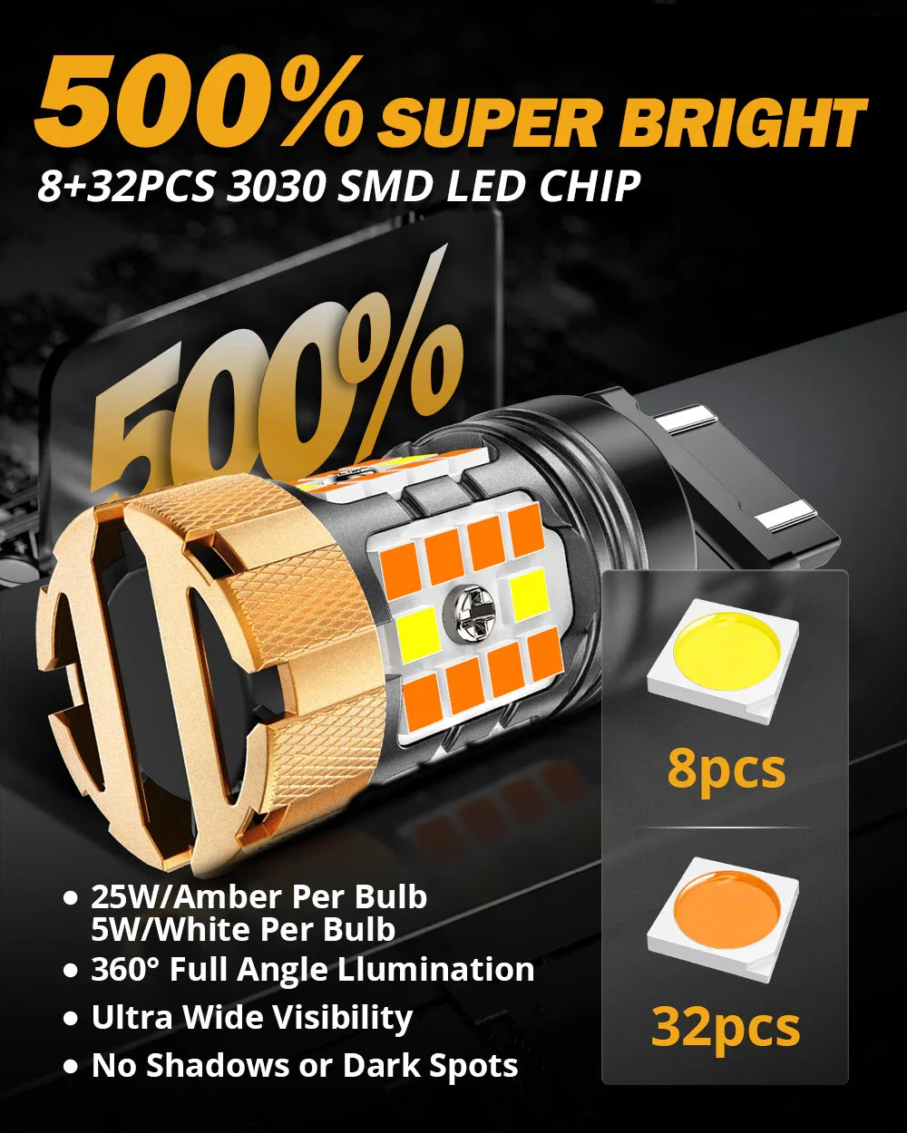 T25 3157D LED Front Turn Signal & DRL Light Bulbs 500% High