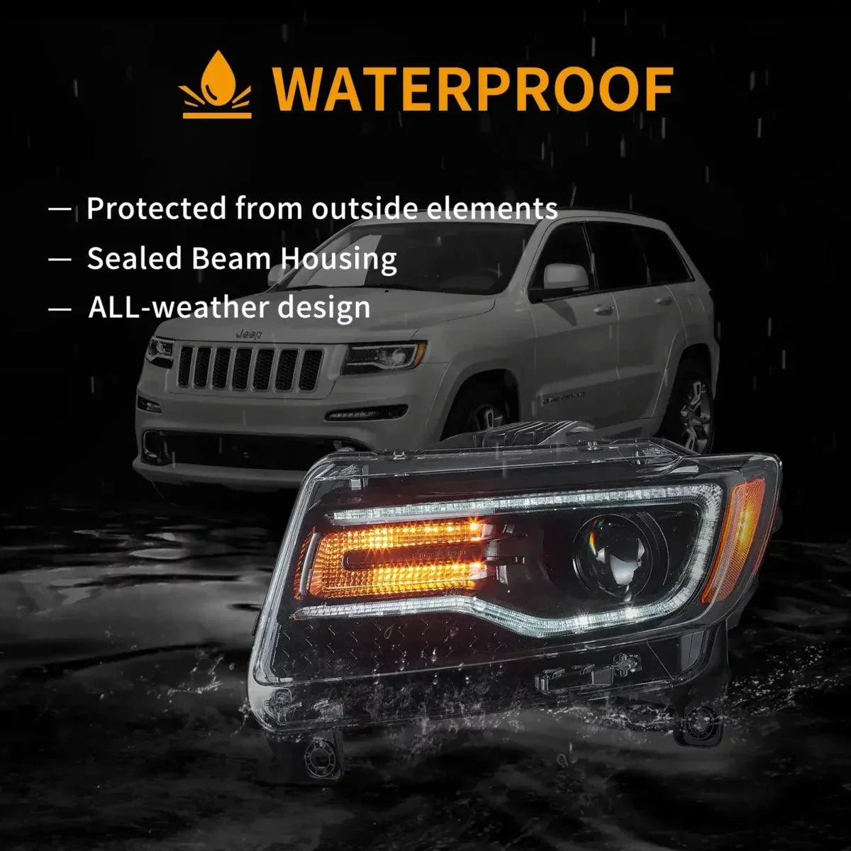 2011 2012 2013 Jeep Grand Cherokee LED Headlight Assembly Full LED With Startup Animation / Blue DRL Black / OEM HID/Xenon Models
