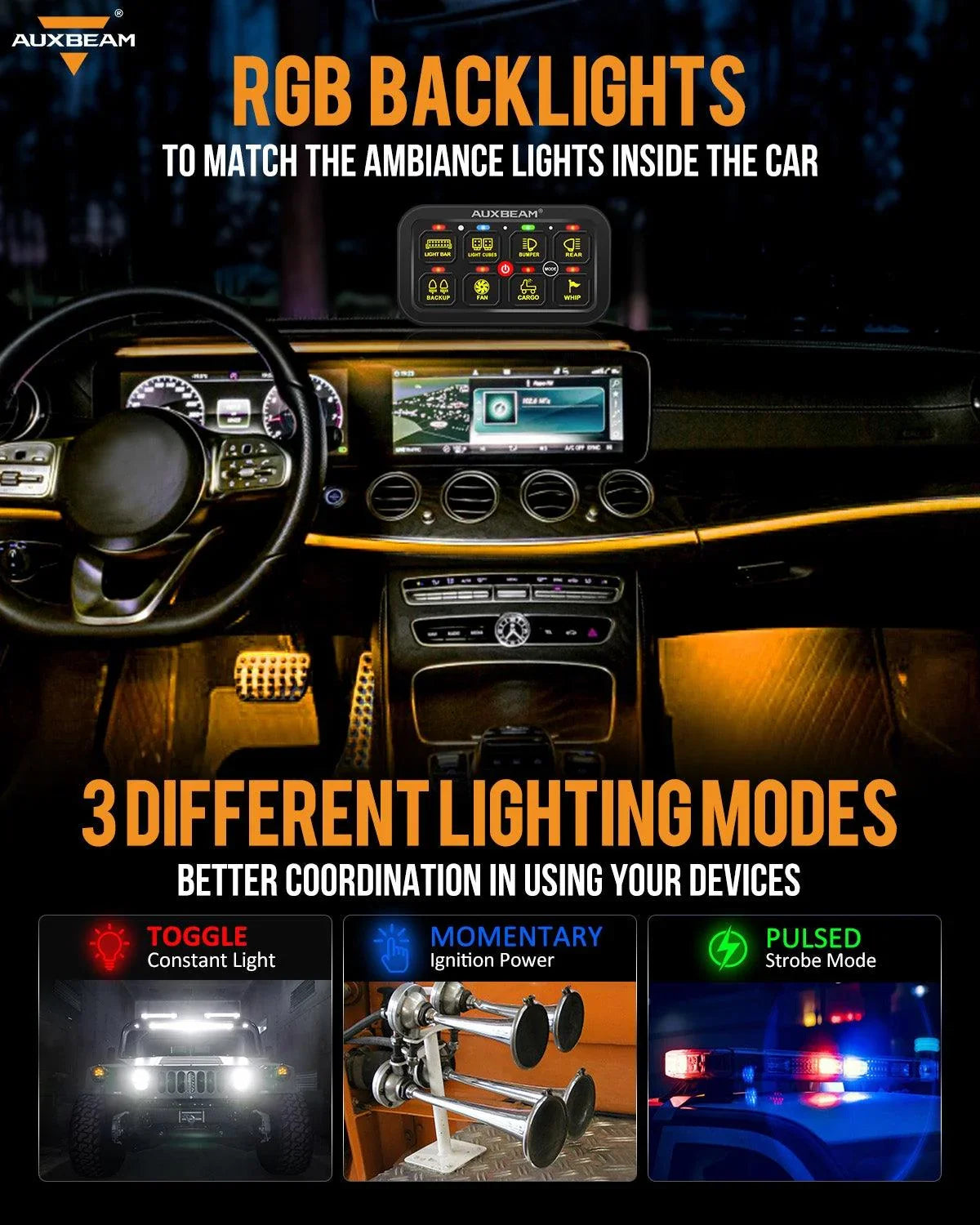 AUXBEAM RGB RB80ワークライト 等に　プラド　ハイラックス RGB Series 8 Gang (RB80) Switch Panel, Toggle/ Momentary/ Pulsed Mode