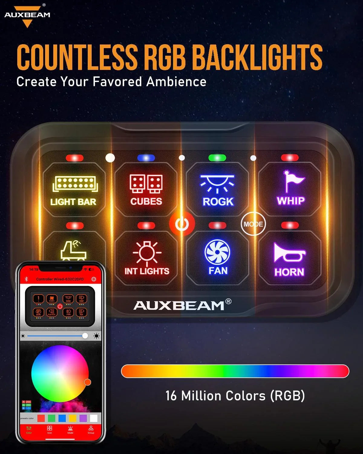 AR-800 8 Gang RGB Switch Panel, Off road Light Controller + 3
