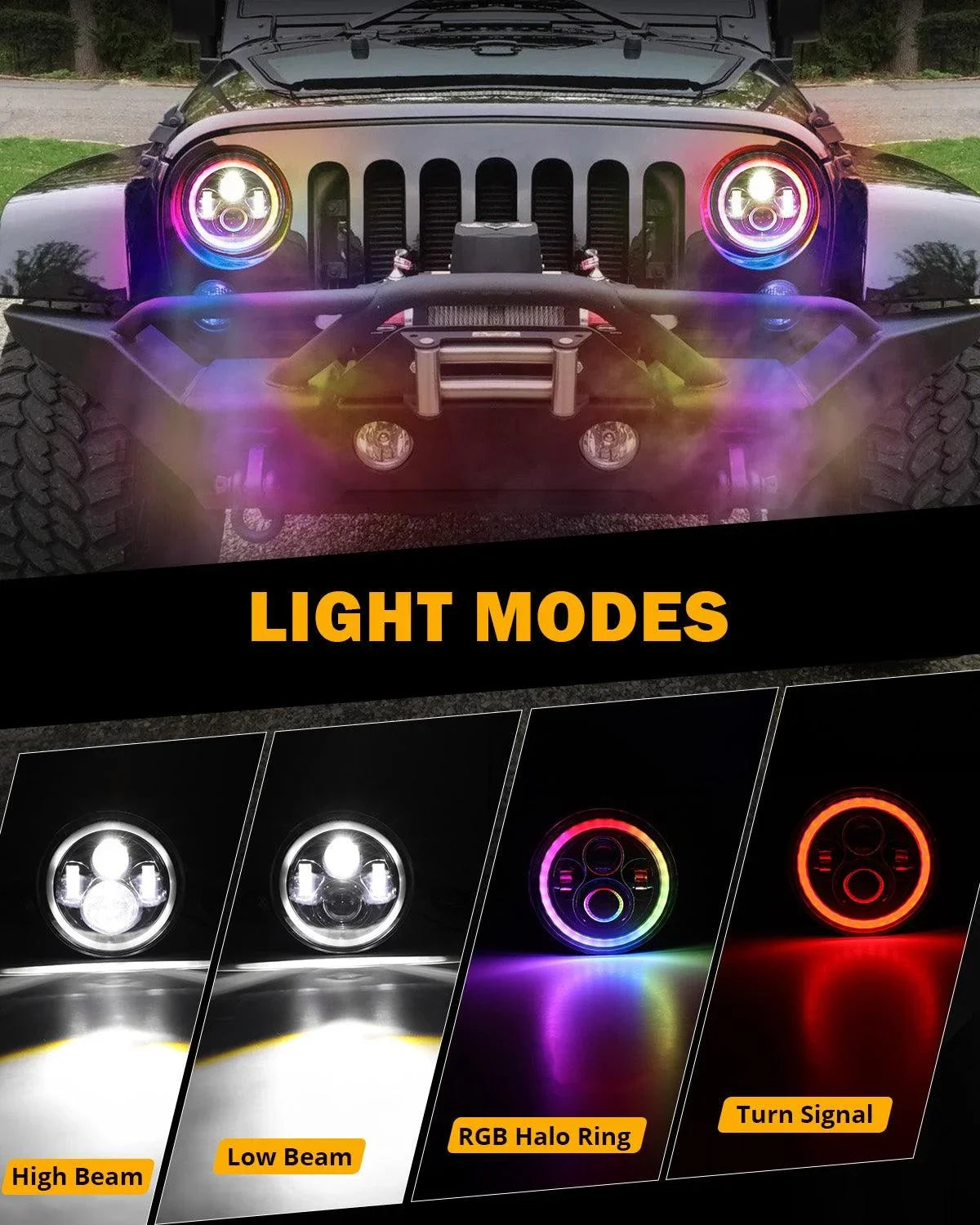 Upgraded 7 Inch Round LED Headlight with RGB Halo Ring for Jeep Wrangl
