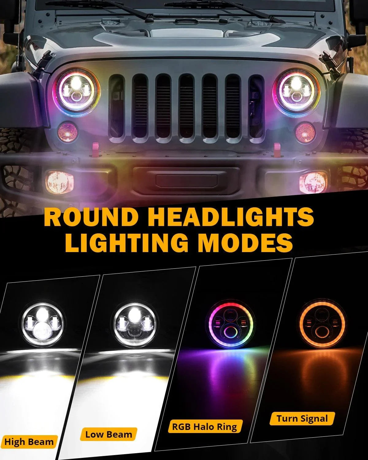 Upgraded RGB 7 Inch Headlights + 4 Inch Fog Lights Combo for Jeep Wran