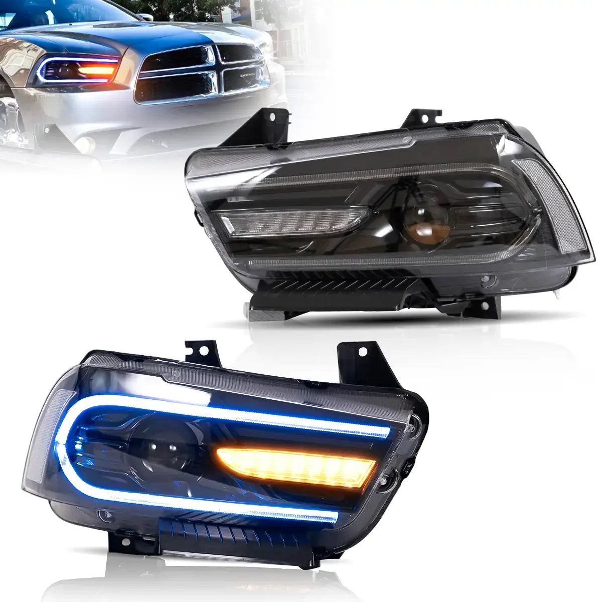 LED Headlight Assembly RGB Dual Beam Projector Black For 2011-2014 Dodge  Charger(LD)