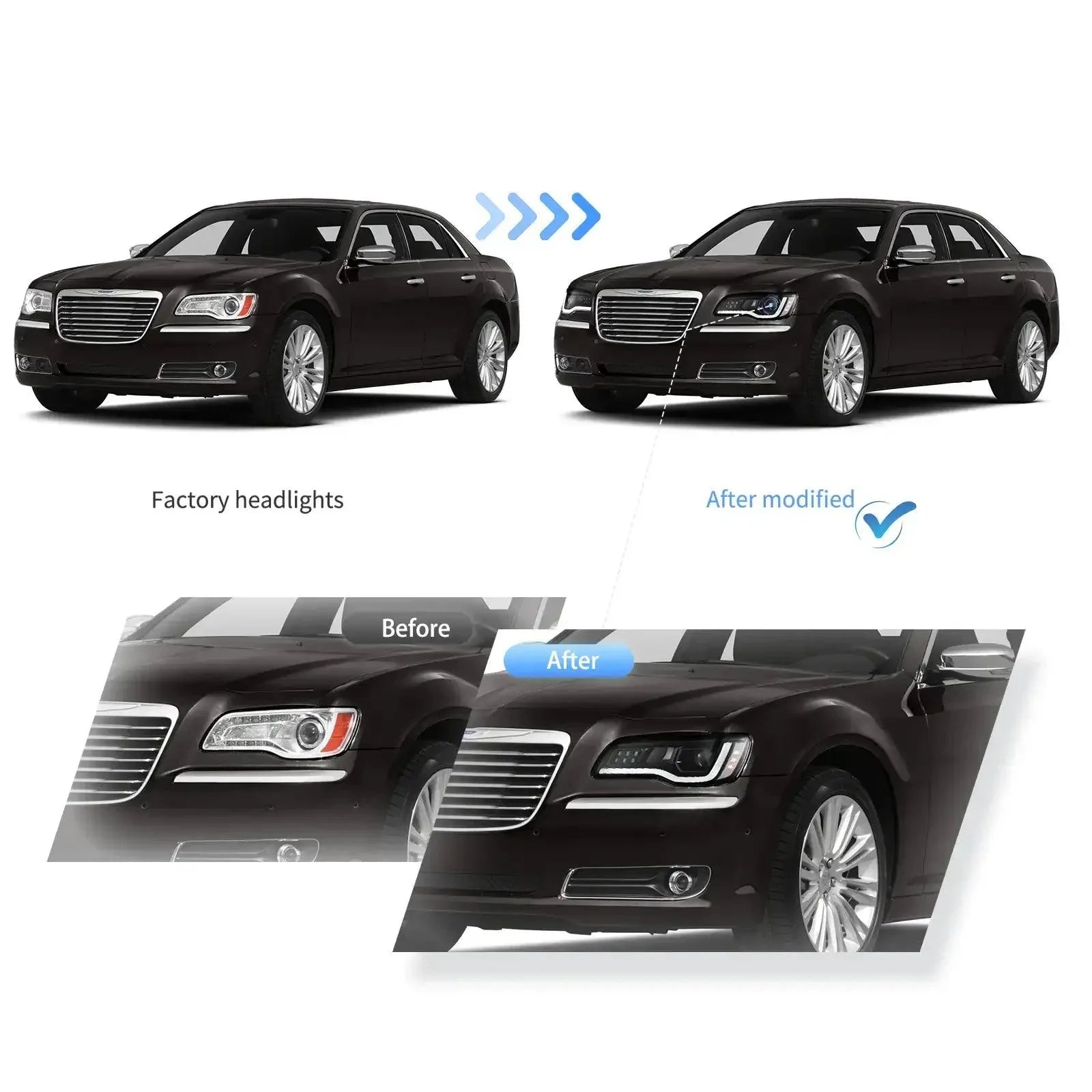 thumbnail image 2 of OE Style LED DRL Projector Headlights For 2011-2023 Chrysler 300 – Chrome Housing, Clear Lens – Pair (LH & RH) 2 of 4