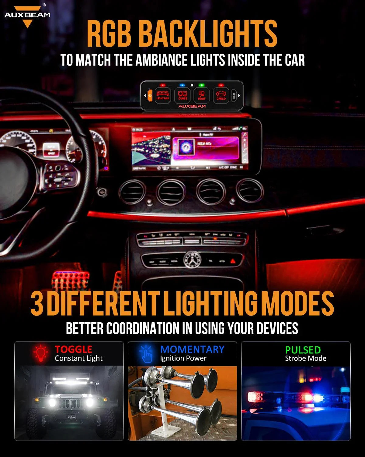 Auxbeam® AS-R40 RGB Slim Switch Panel, Toggle/ Momentary/ Pulsed
