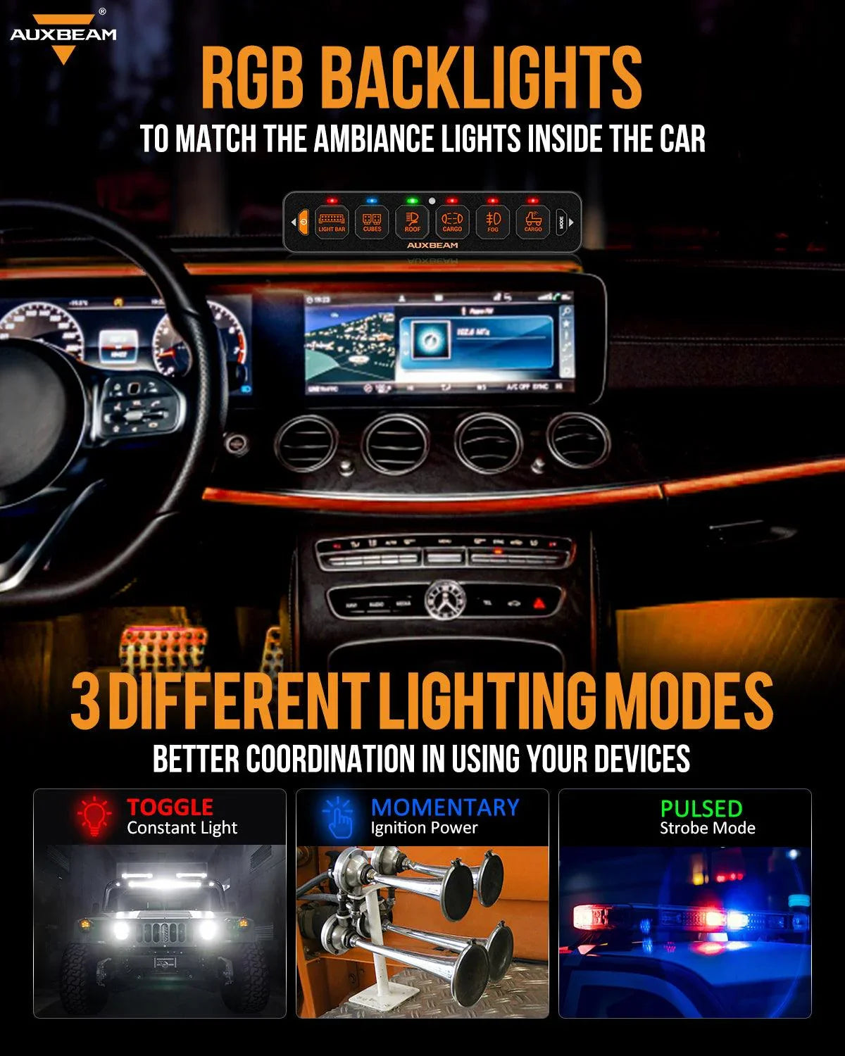 Auxbeam® AS-R60 RGB Slim Switch Panel, Toggle/ Momentary/ Pulsed
