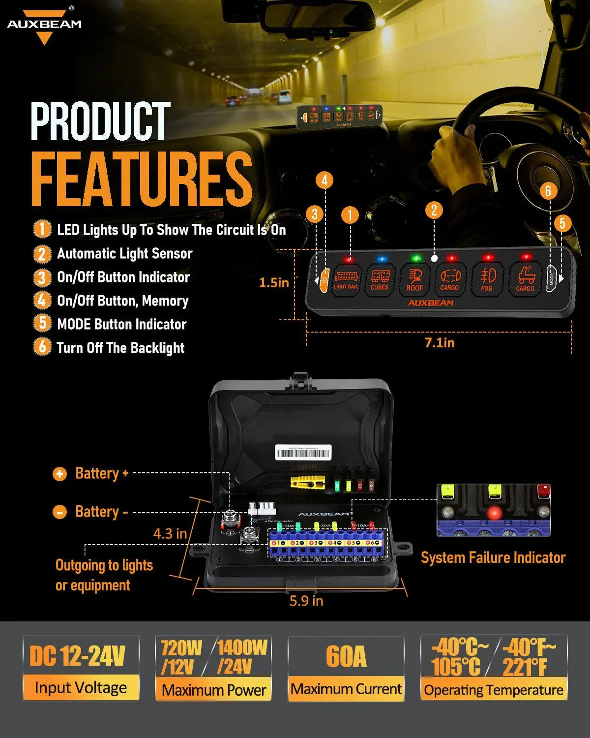 Auxbeam® AS-R60 RGB Slim Switch Panel, Toggle/ Momentary/ Pulsed
