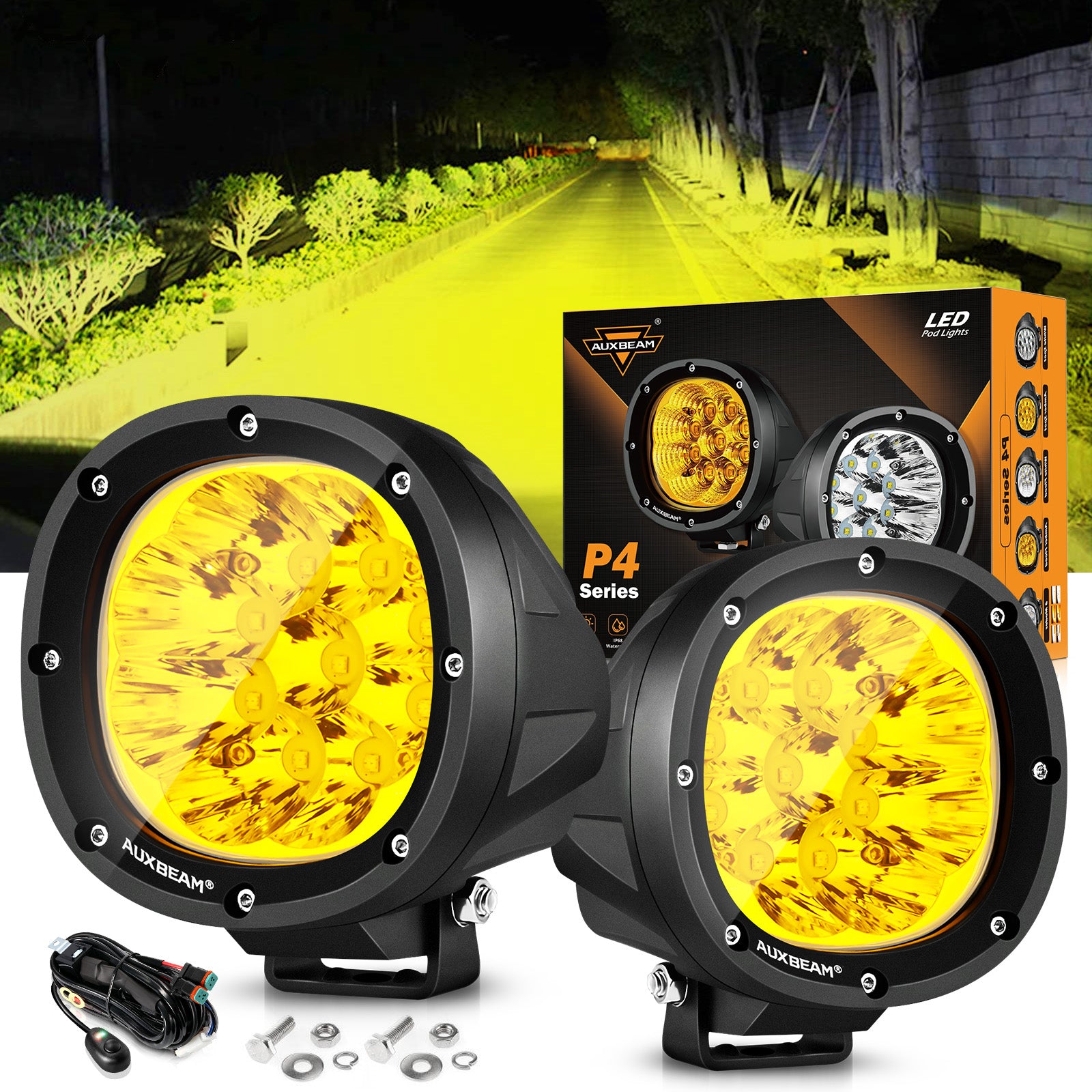 Auxbeam® 4 inch 90W round led pods spot yellow light | off road