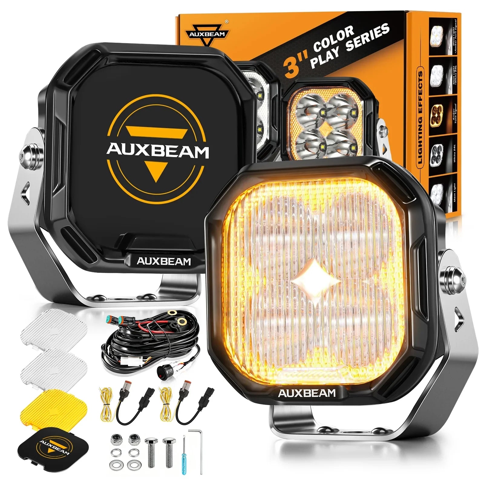 Auxbeam Color Play Series 3 Inch 100W Fog Lights Off Road Lights with White DRL & Amber Turn Signal Lights 2Pcs Pod Light / Without Black Covers Auxbeam Color Play Series 3 Inch 100W Fog Lights Off Road Lights with White DRL & Amber Turn Signal Lights 2Pcs Pod Light / Without Black Covers