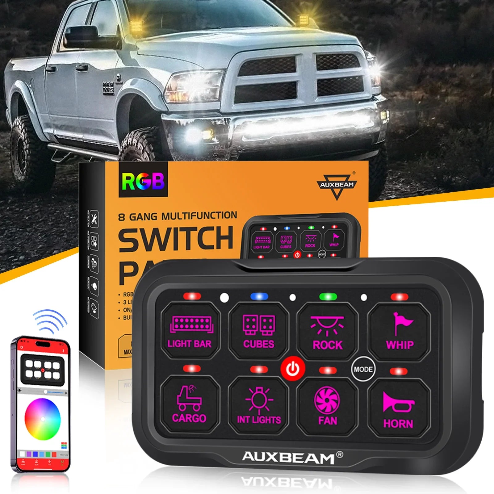 Auxbeam AR-800 RGB 8 Gang Switch panel for Dodge Ram 1500 2500 3500