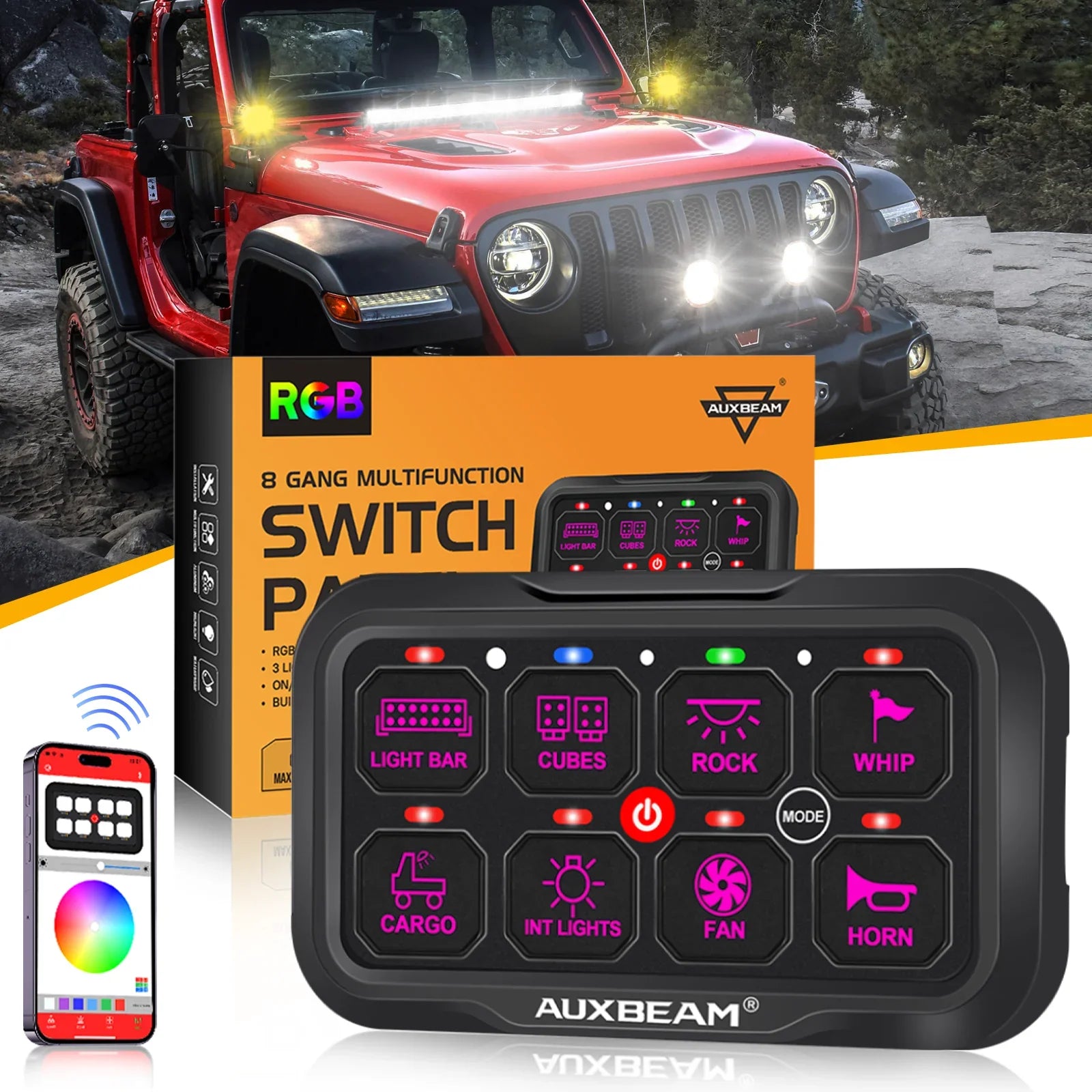 Auxbeam AR-800 RGB 8 Gang Switch panel for Jeep Wrangler JK JL JT