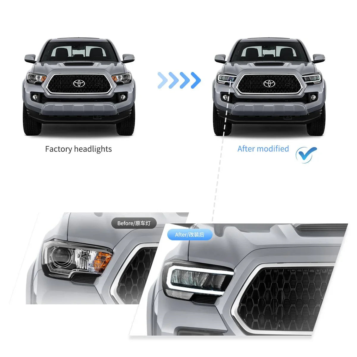 Chrome Housing LED DRL Headlights Set For 2016-2022 Toyota Tacoma TRD - Halogen Bulbs