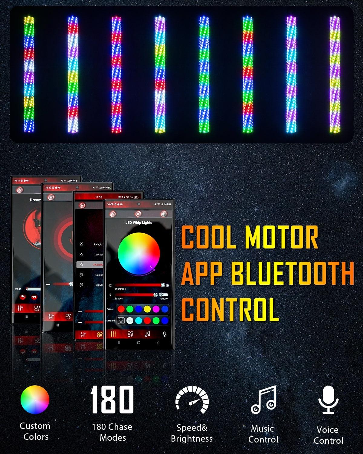 New 2.2FT LED RGB Whip Lights with Turn Signal & Brake Light, Bluetoot