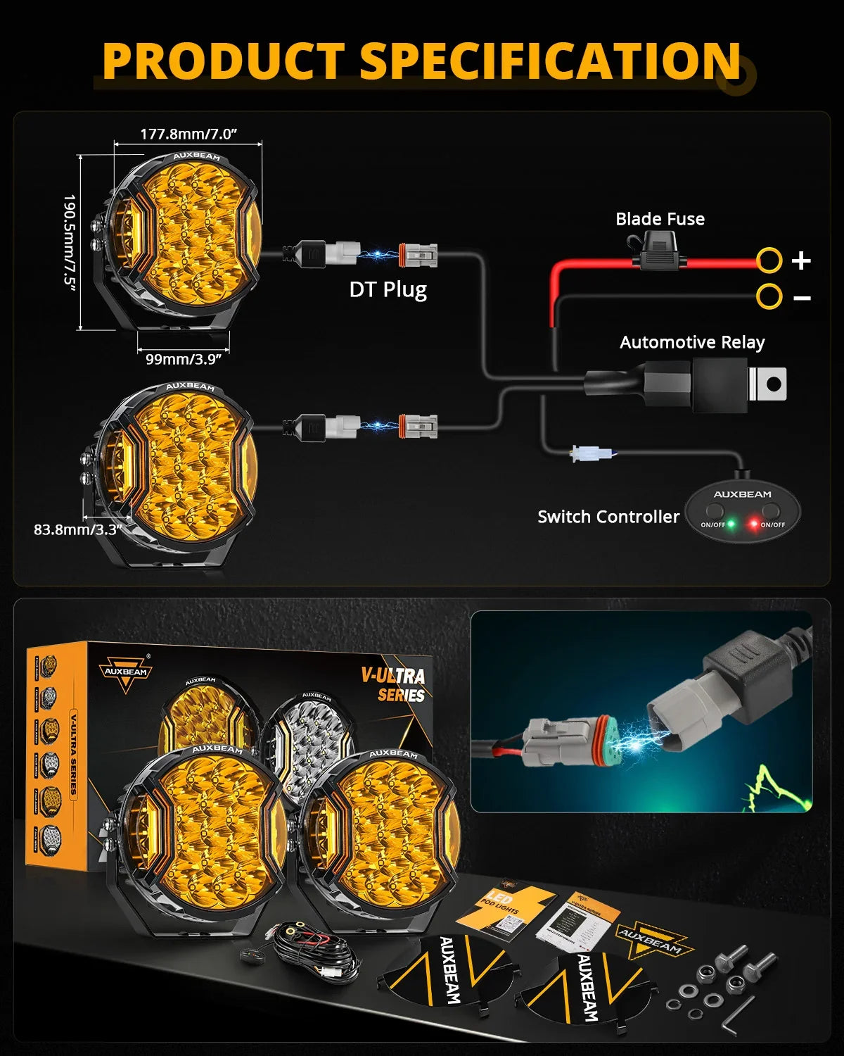 V-ULTRA Series | 7 Inch 226W LED Side Shooter Amber Pod Lights with Am