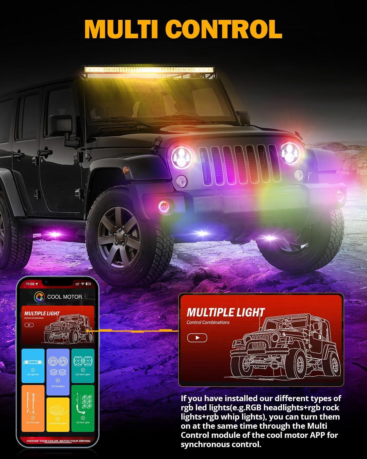 7" RGB LED Halo Headlights & Fog Lights Combo Kit For Jeep Wrangler JK - Multi-Color Halo Rings - DOT/SAE Approved