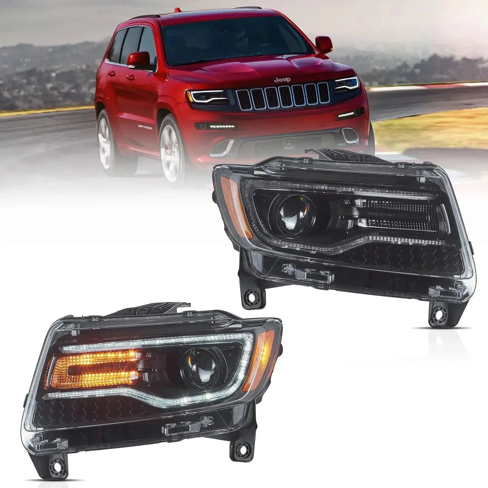 2011 2012 2013 Jeep Grand Cherokee LED Headlight Assembly Full LED With Startup Animation / Blue DRL Black / OEM HID/Xenon Models