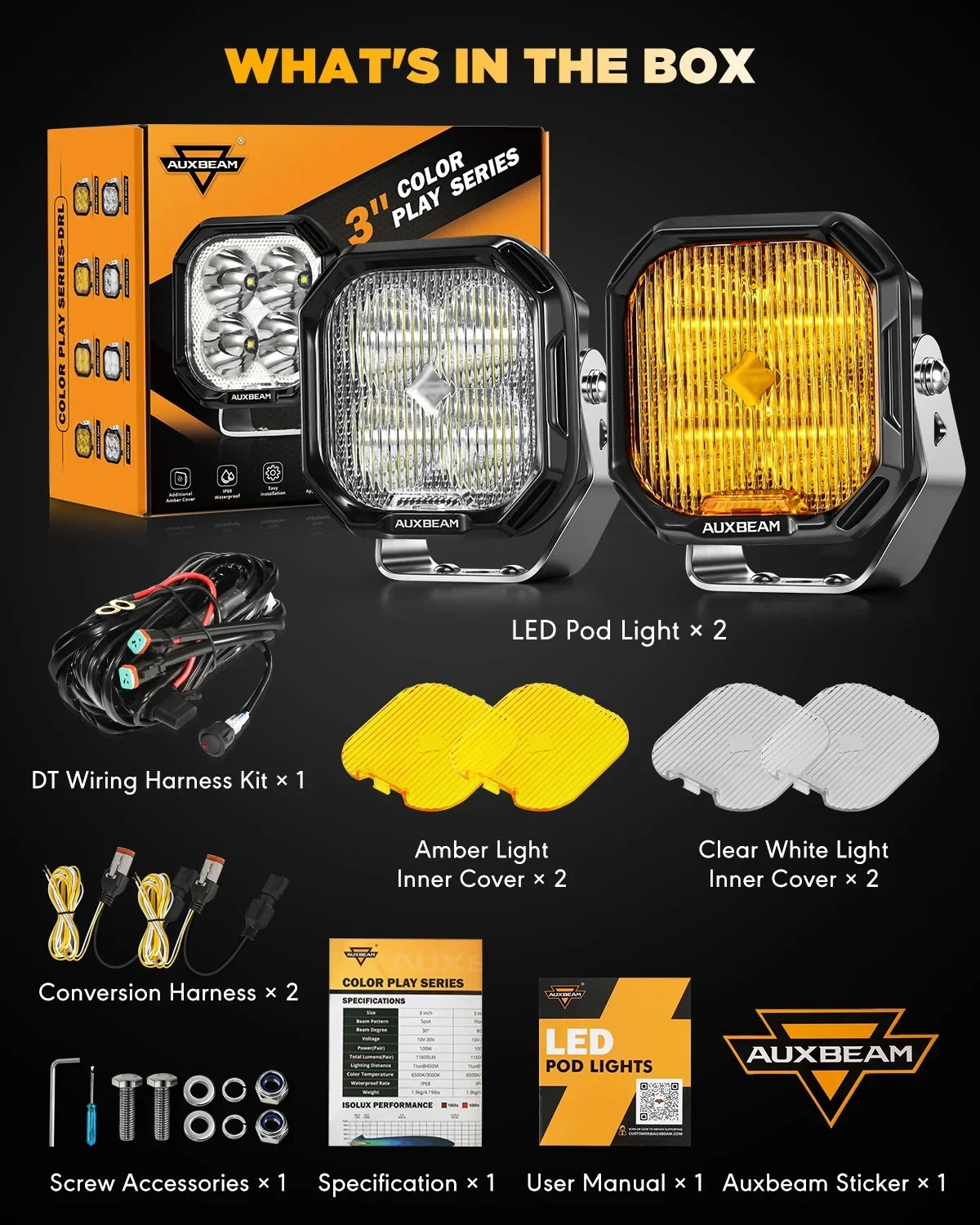 Auxbeam Color Play Series 3 Inch 100W LED Pod Lights Off Road Lights with White DRL & Amber Turn Signal Lights Fog / 8Pcs Pod Light+8-Pod Power