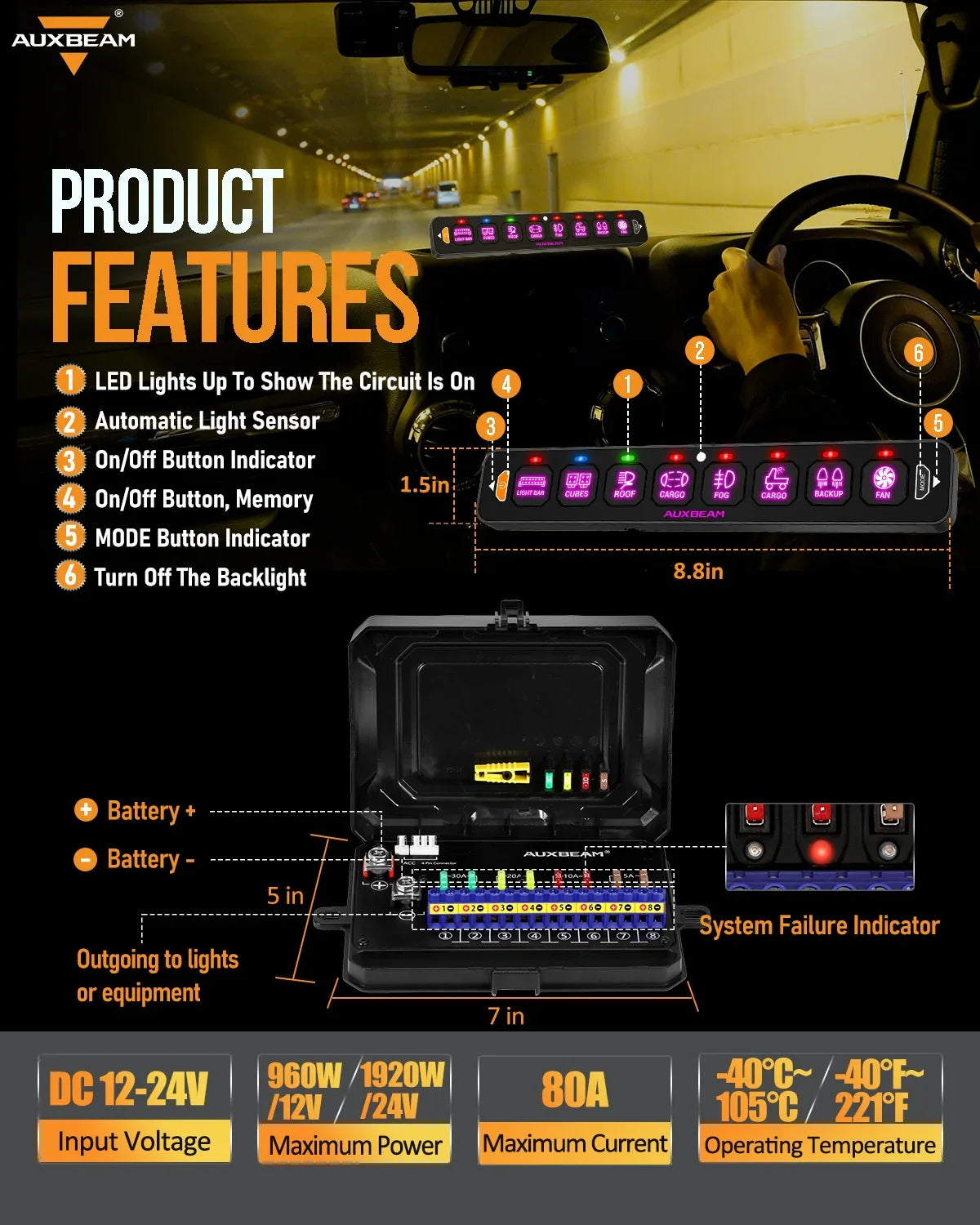 Auxbeam® AS-R80 RGB Slim Switch Panel, Toggle/ Momentary/ Pulsed Mode