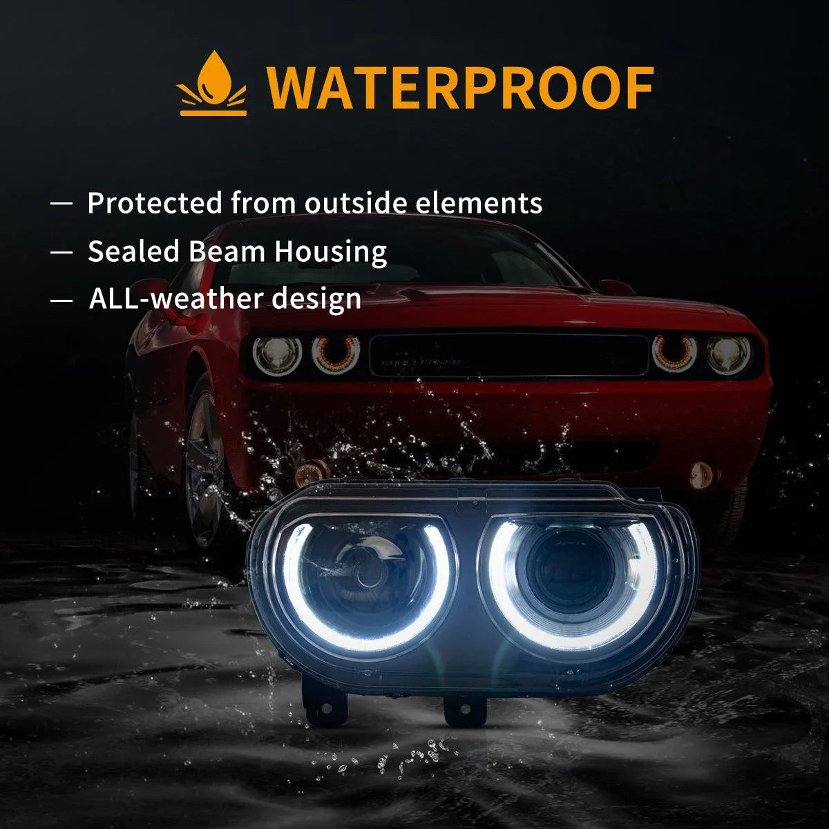 Pair Of Halogen Headlight Assemblies For Dodge Challenger 2008-2014 - Black Housing, Clear Lens