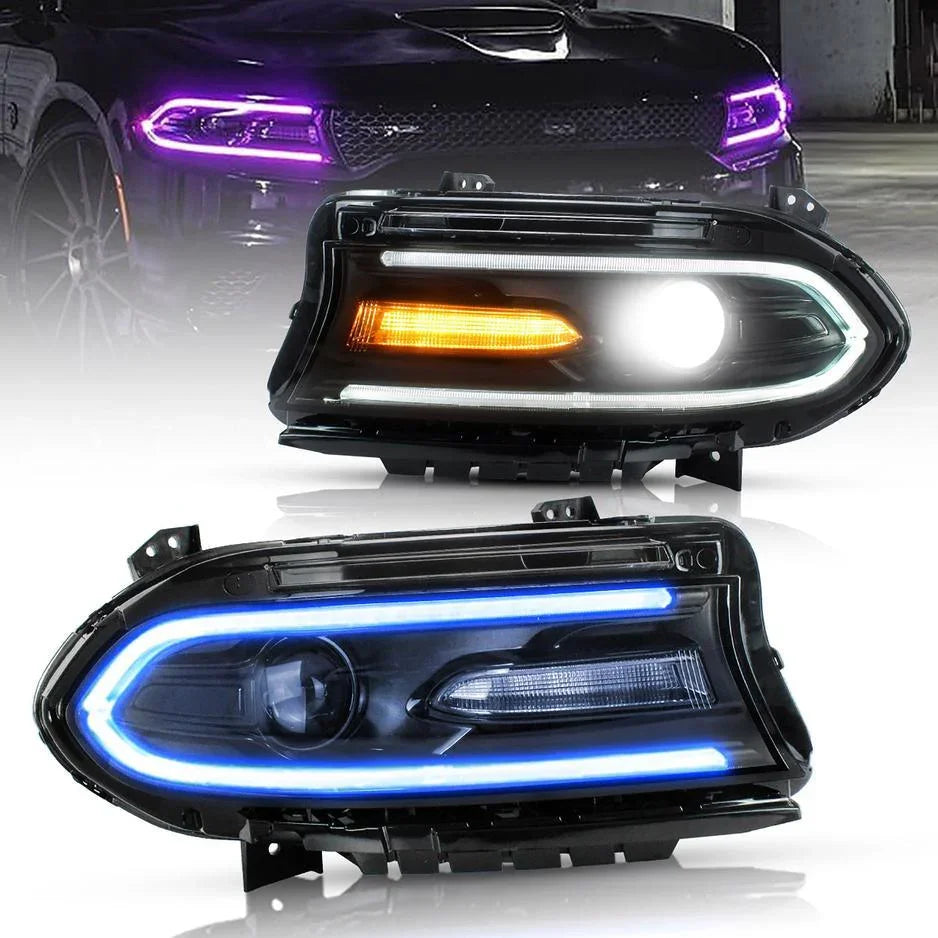 2015 2016 2017 2018 2019 2020 2021 2022 2023 Dodge Charger 7th Gen(LD) LED  Headlight Assembly RGB Style Dual Beam Projector Black