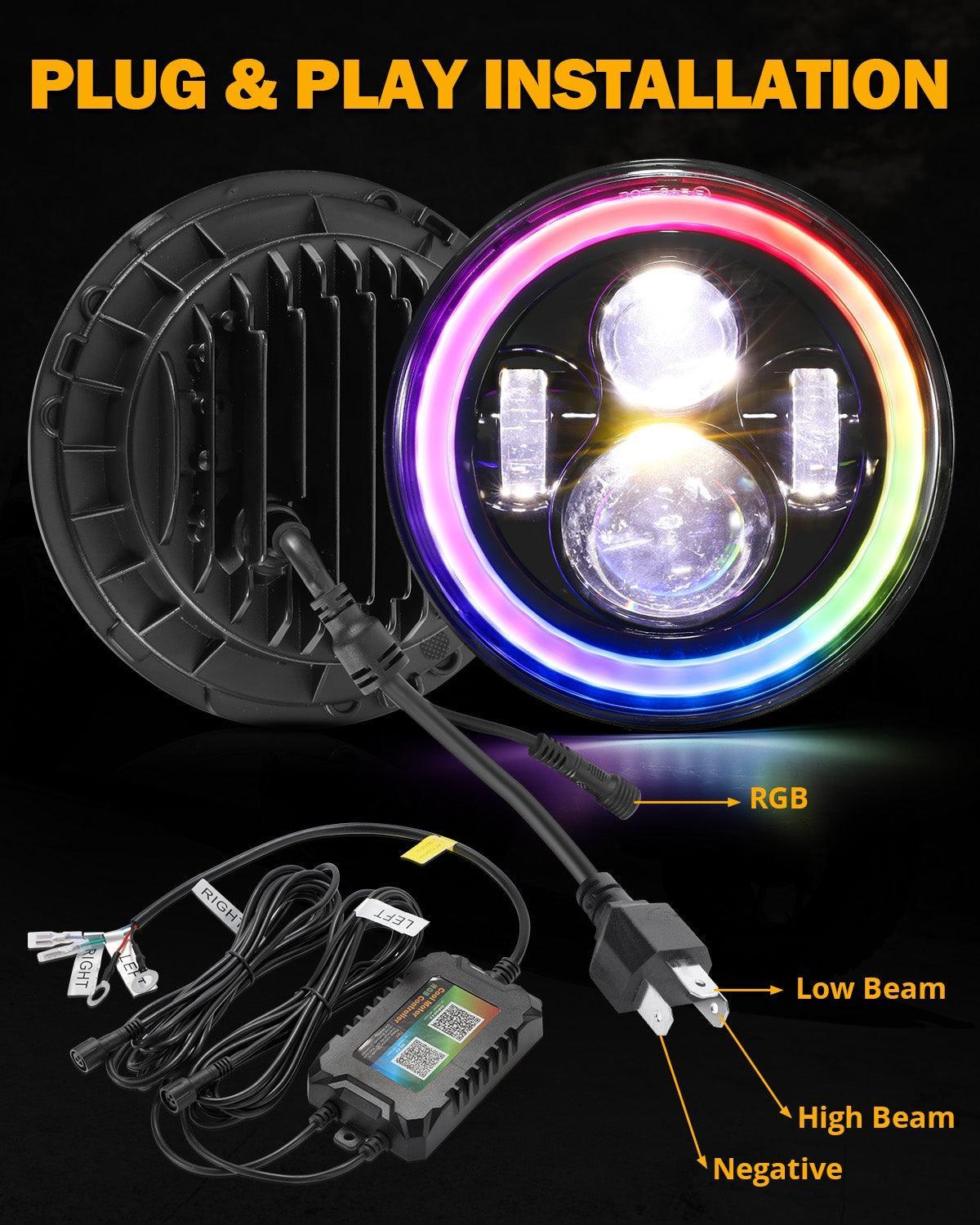 Upgraded 7 Inch Round LED Headlight with RGB Halo Ring for Jeep Wrangl