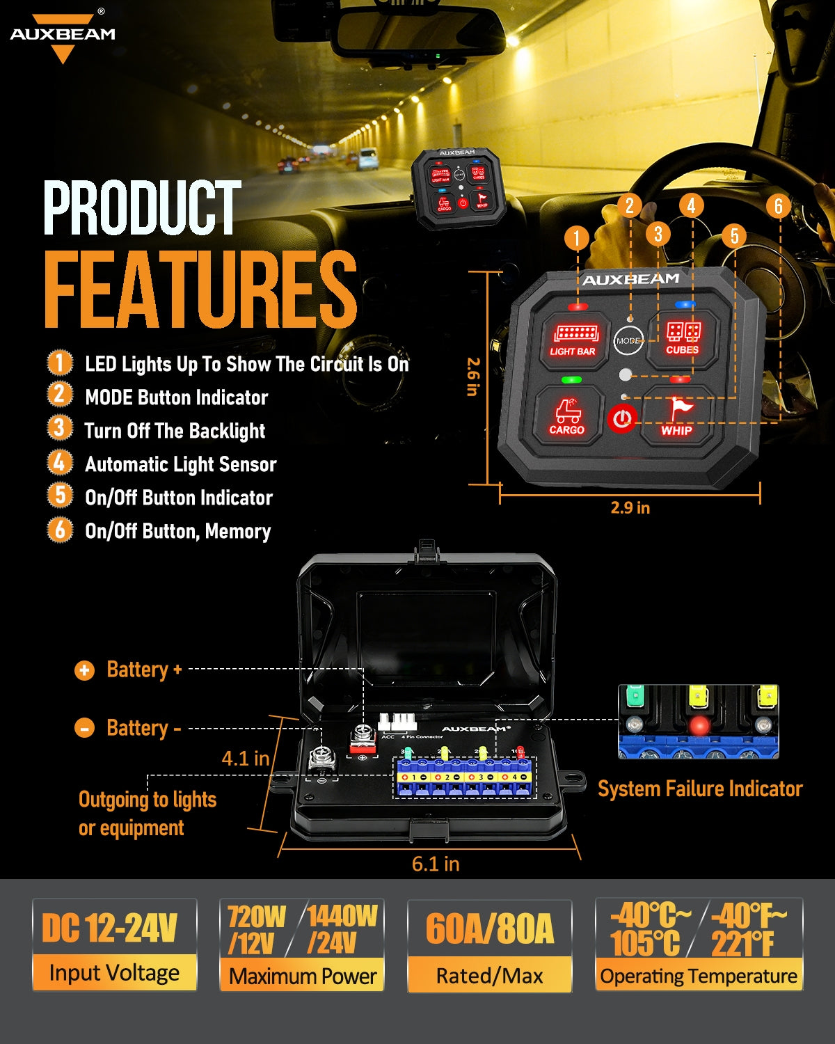 Auxbeam® RA40 RGB Slim Switch Panel, Toggle/ Momentary/ Pulsed