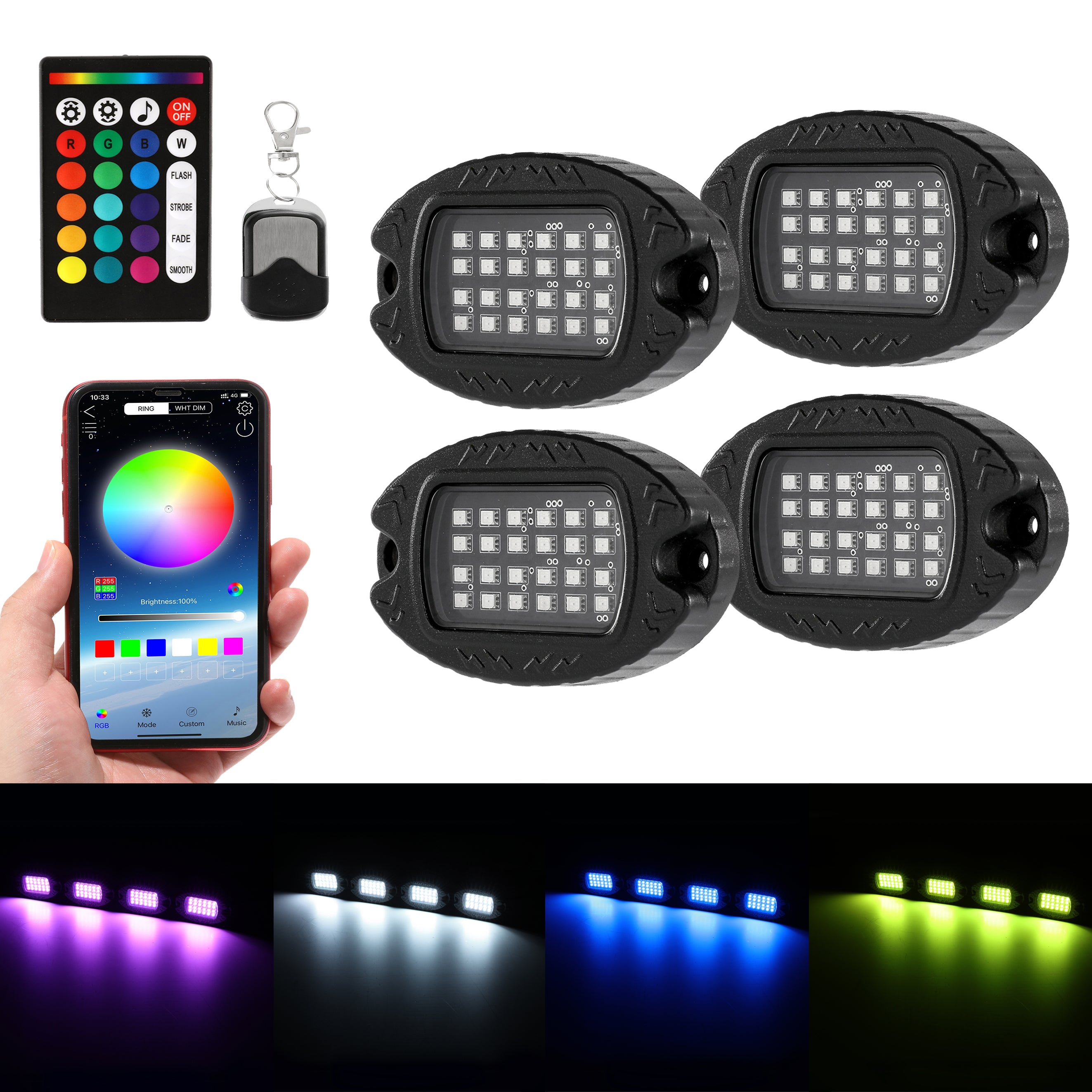 RGBW LED Rock Lights Kit with Bluetooth APP & Wireless Remote Control,  Multicolor Neon Underglow Lights with Brake Light function