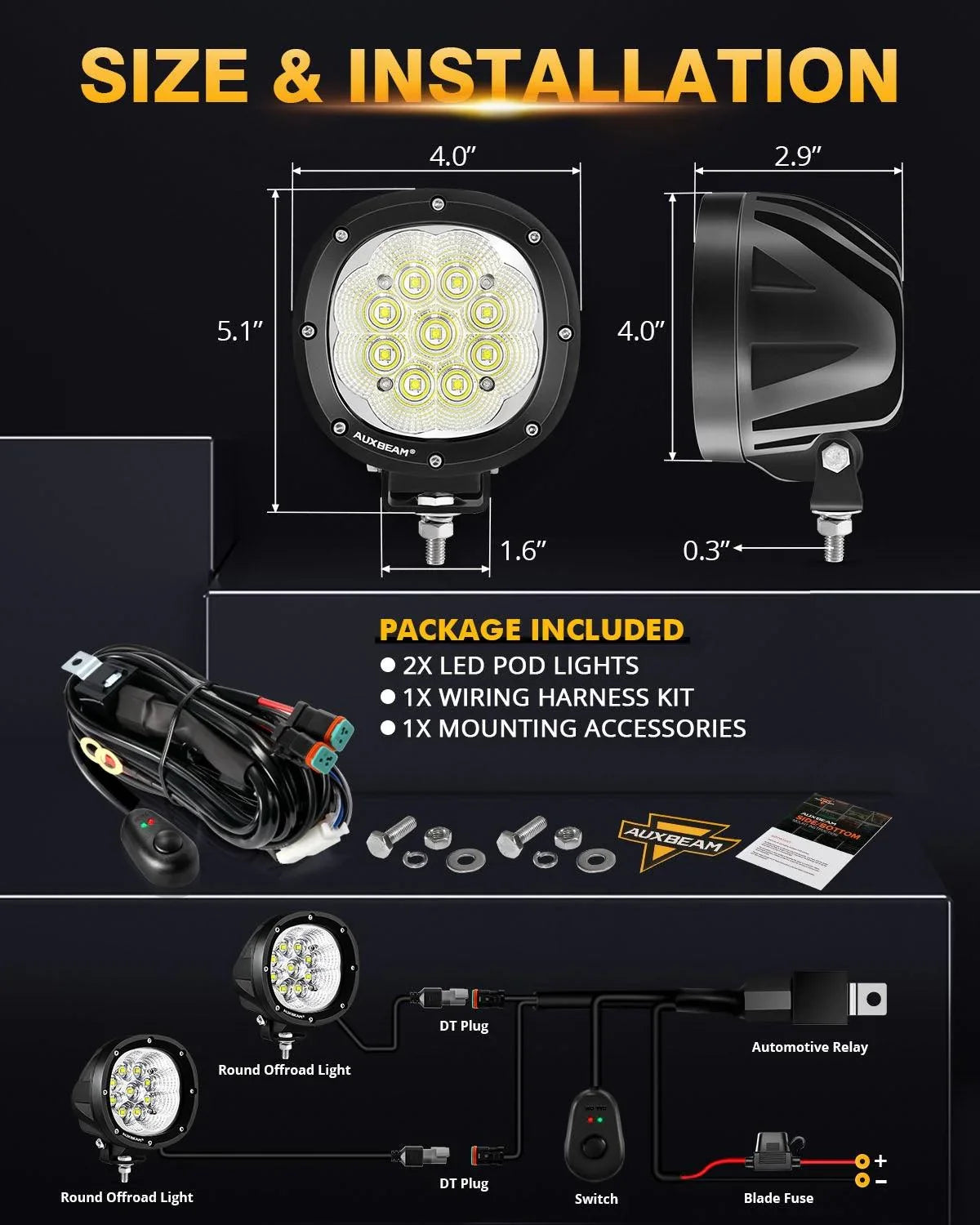 Auxbeam® 4 inch 90W round led pods flood white light | off road Auxbeam® 4 inch 90W round led pods flood white light | off road