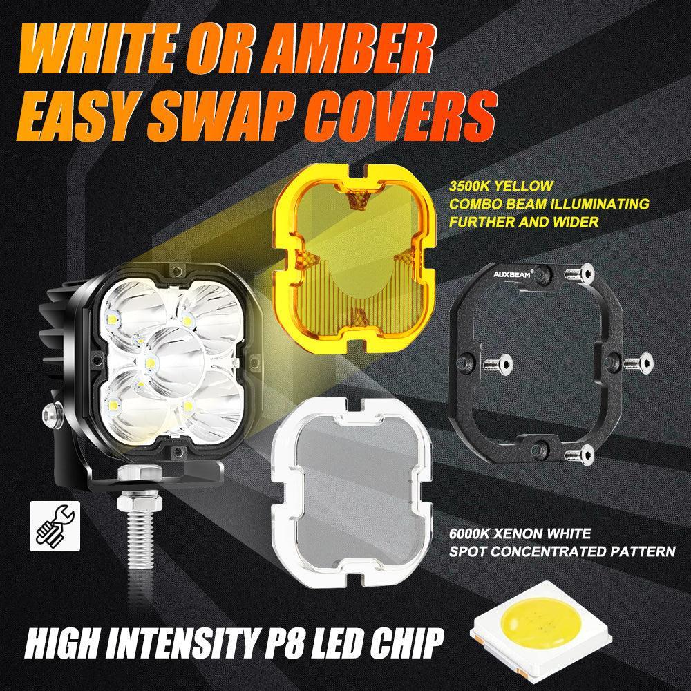 3 Inch LED Pods Lights with Additional Amber Covers & Dual Fog Lights Hidden Bumper Mount Bracket for Dodge Ram 2500 3500 2010 2011 2012 2013 2014