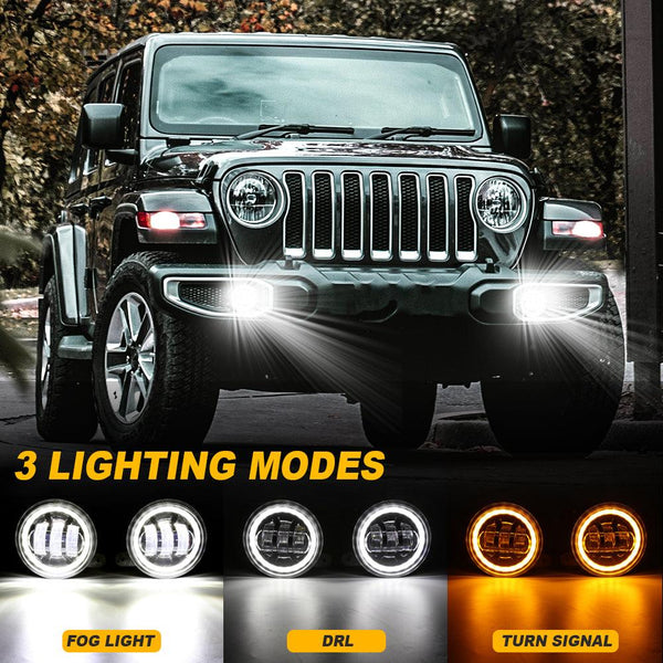 (2pcs/set) 4 Inch LED Fog Lights with DRL & Amber Turn Signal For Jeep