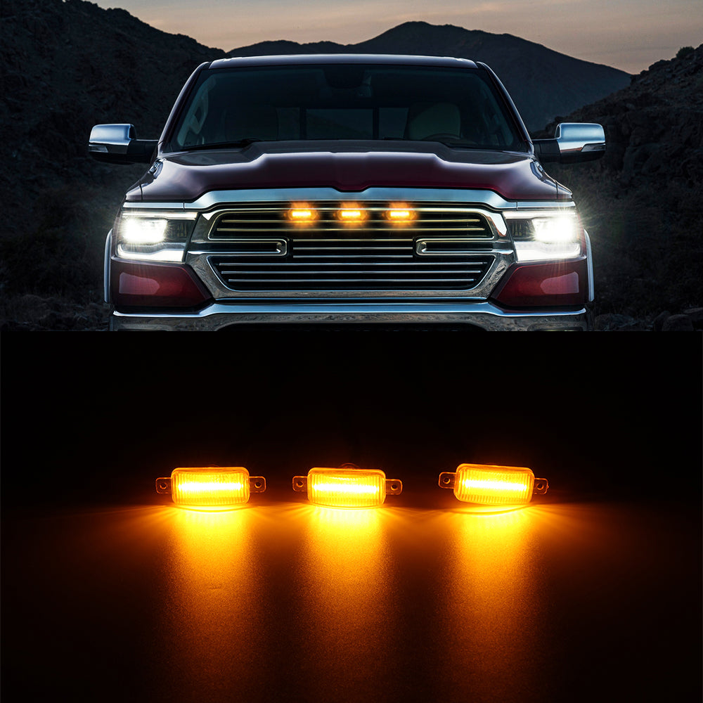 (3pcs/set) LED Front Grille Lights Raptor Style Amber Light Fit for Dodge  Ram 1500 2500 3500 (Amber shell/ Smoked shell）