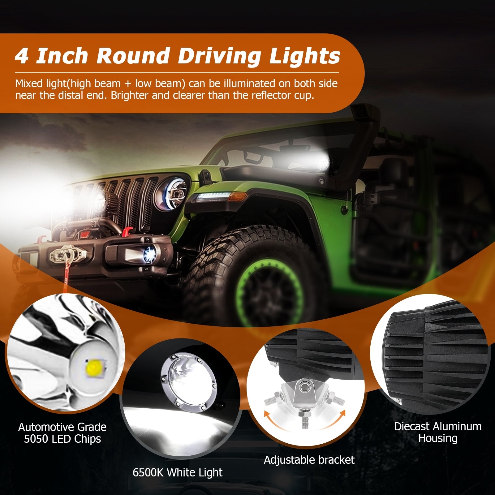 Auxbeam Round LED Offroad Lights 4 inch 90W, LED Pod Light 9000LM Off Road  Driving Spotlight 4x4 Work Auxiliary Spot Light Bar A-Pillar Bumper for