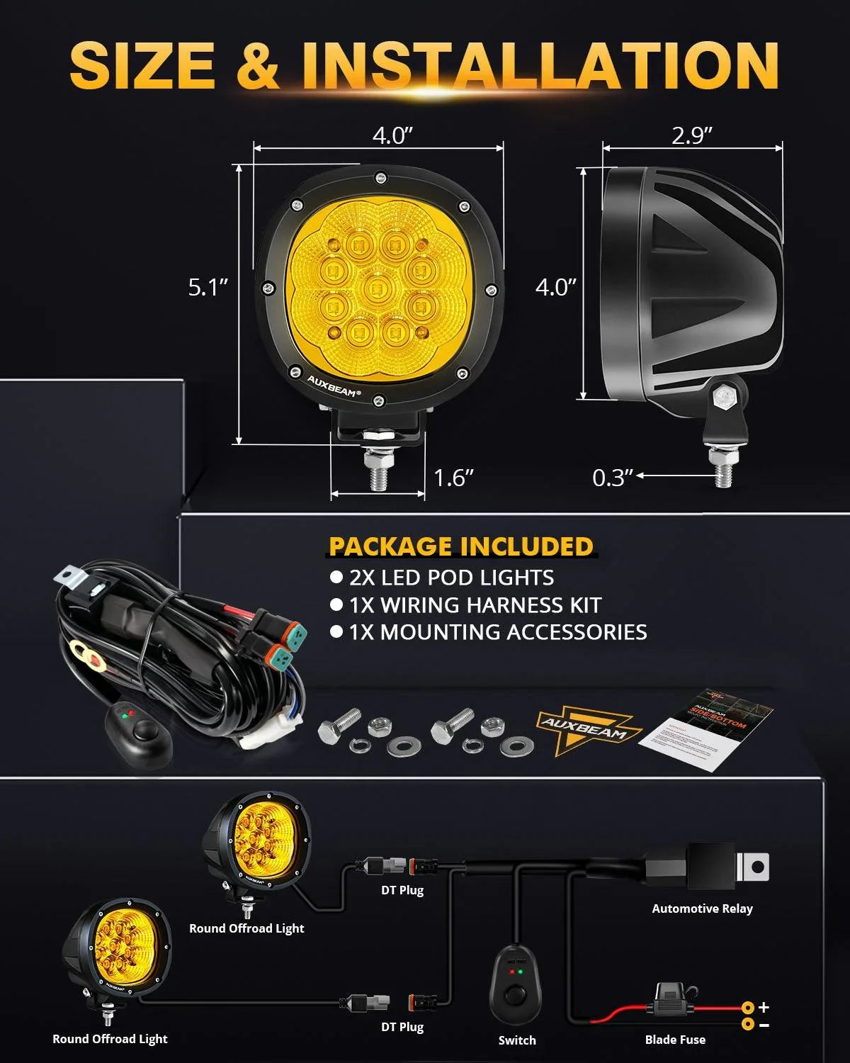 Auxbeam® 4 inch 90W round led pods flood yellow light | off road