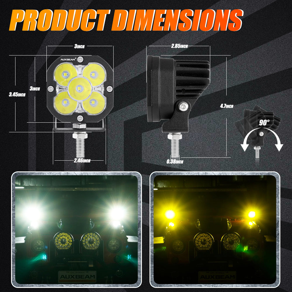Auxbeam 3 inch LED Pods Lights, Off Road Light with White&Amber Cover