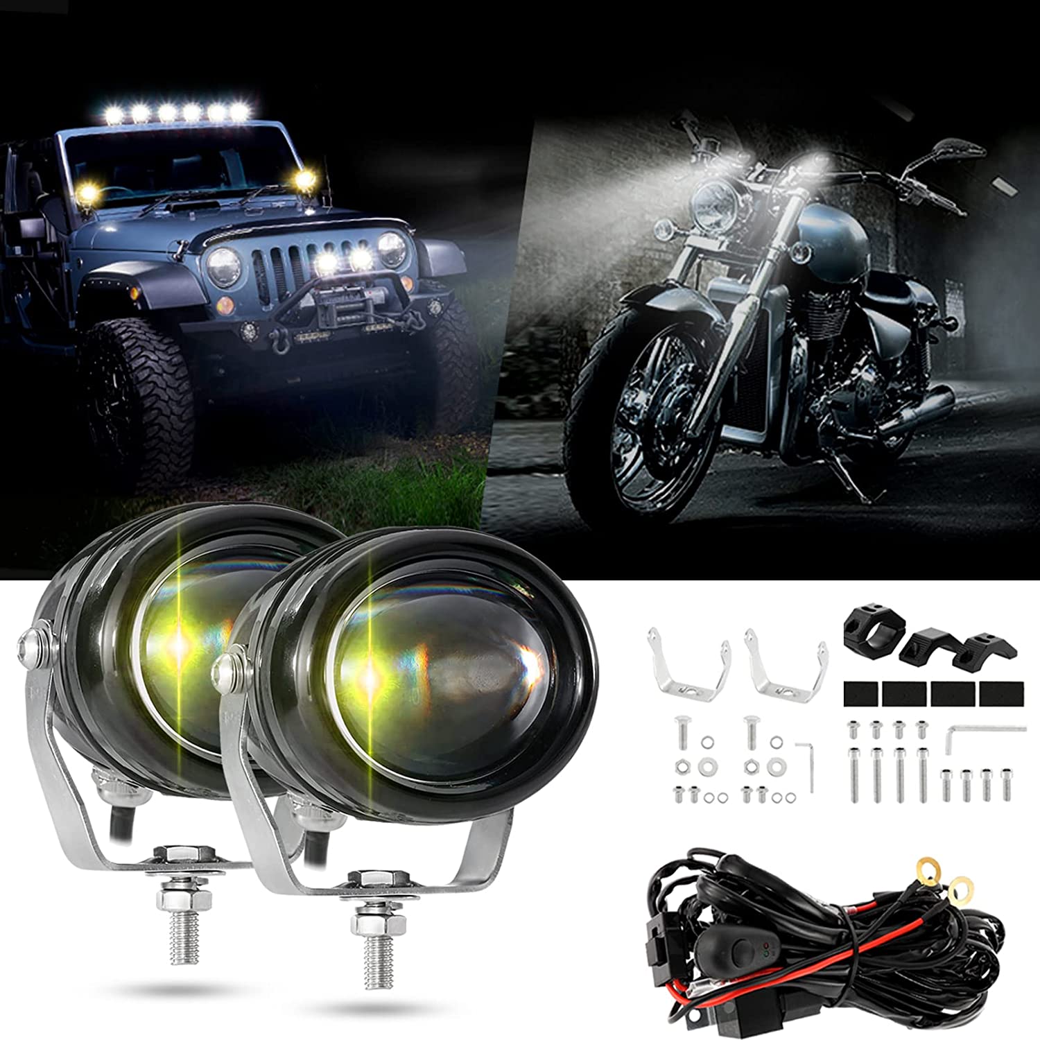 (2pcs/set) 3 Inch 6 Modes White & Amber LED Round Driving Lights With Auto  & Motor Bracket for Motorcycle, Jeep, Off-road, ATV, UTV