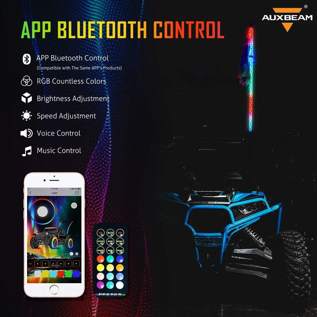 ZIMABLUE 2-Pack 4FT LED Whip Lights For UTV/ATV - RGB Remote Control, Polaris RZR & Can-Am Compatible