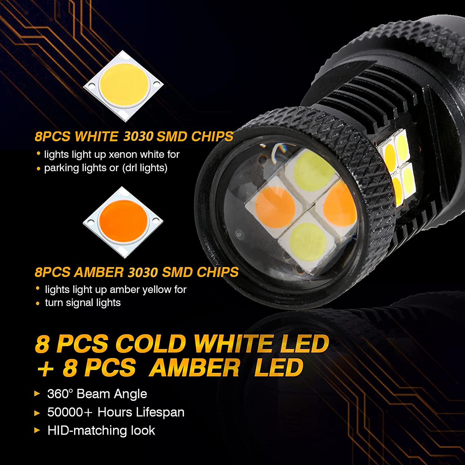 7443 Dual Color White&Amber Switchback Bake/Reverse/Tail Light LED Bulbs  Canbus-Decode