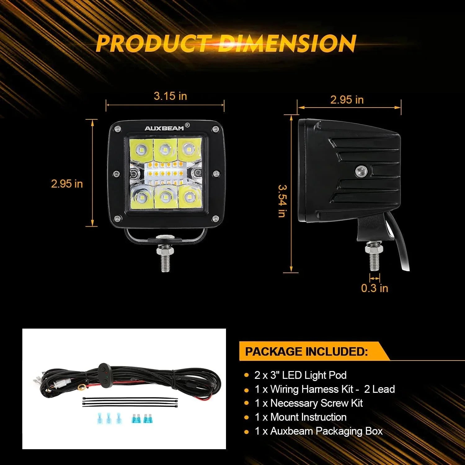 2pcs/set) 3 inch 6 Modes White&Amber LED Square Light Pod Working Lig