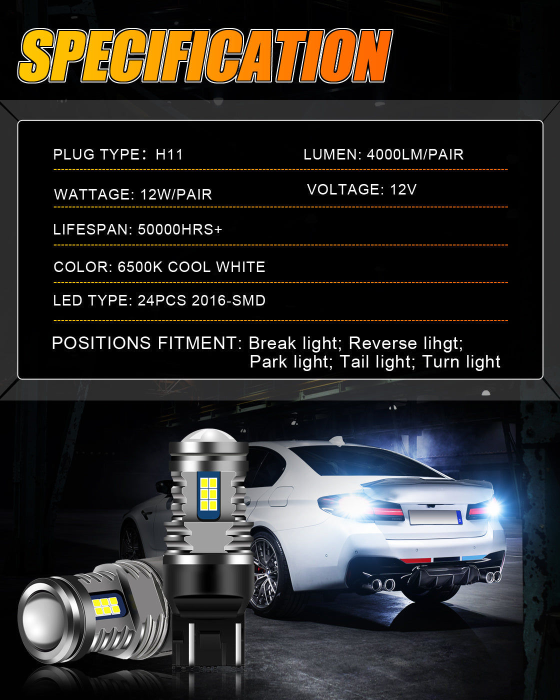 Auxbeam 7440 W21W 7441 LED Bulbs, 6500K White, Super Bright 7440A 7440AL  LED Backup Reverse Lights for Cars Trucks Motorcycles, 3030-SMD 12V, Pack  of