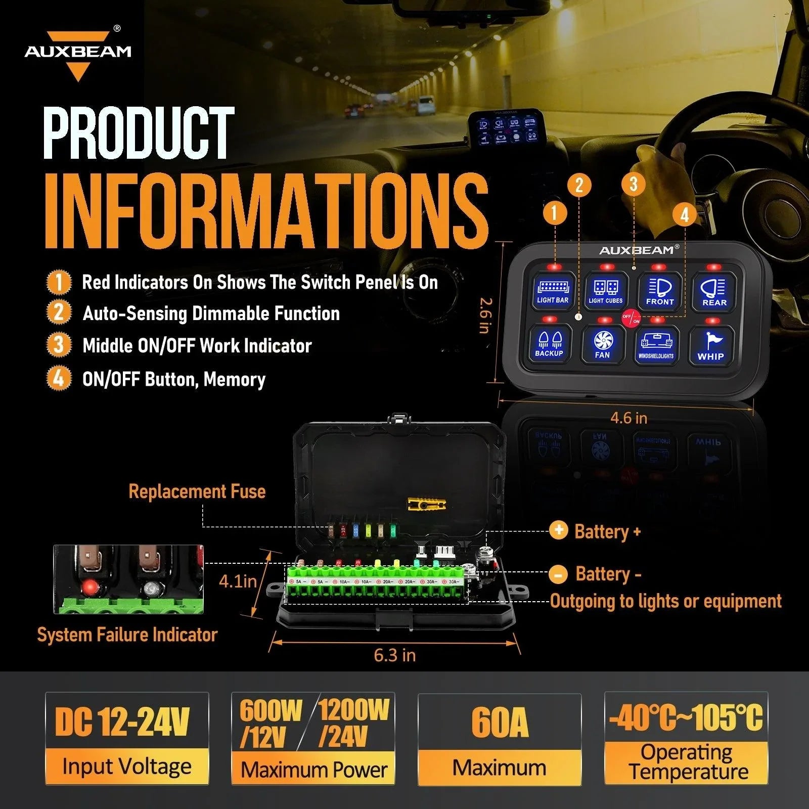 auxbeam 8GANG スイッチパネル GA80 Auxbeam 8 Gang Switch Panel | Off Road Light Controller for Truck