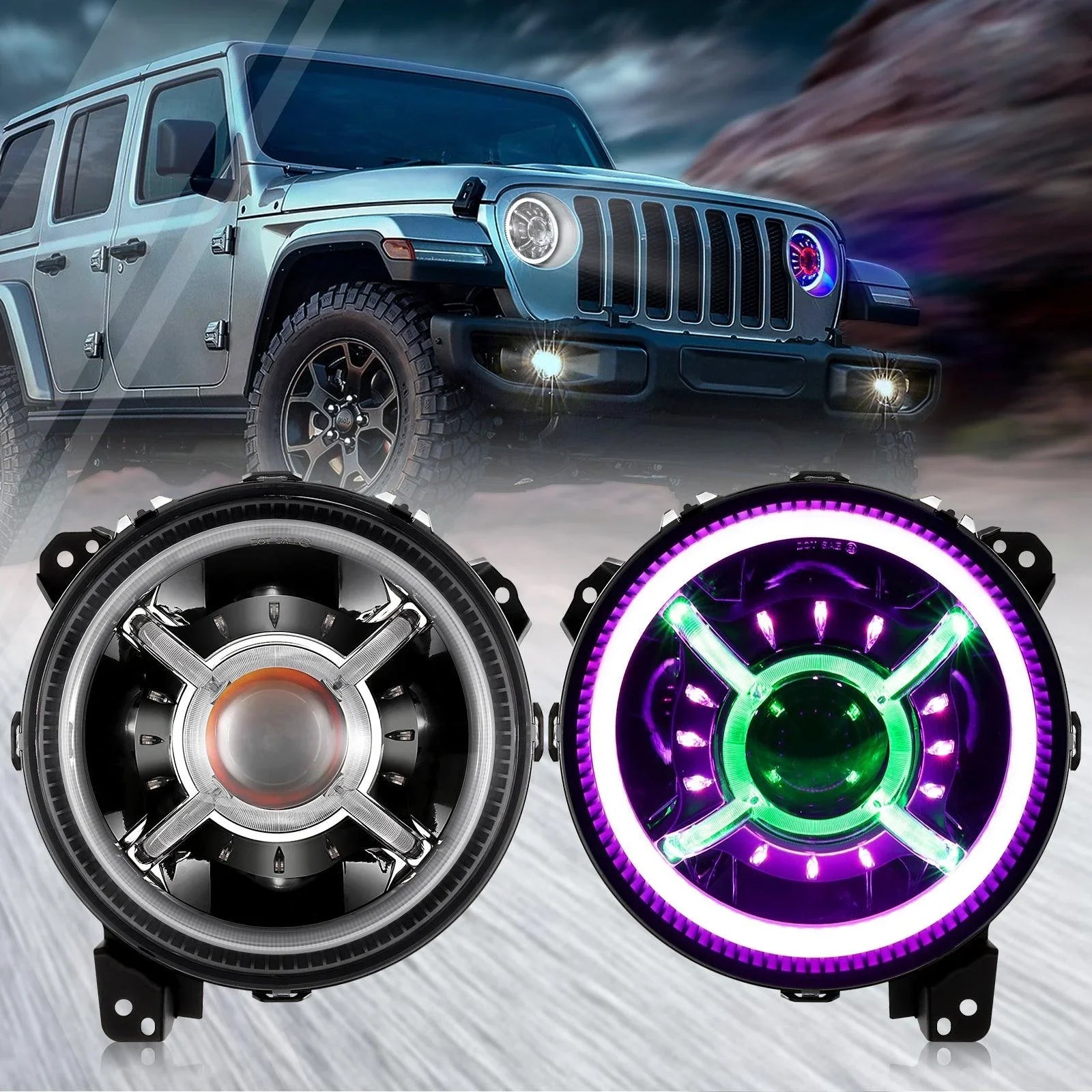 9 inch RGB Headlights Replacement Bluetooth control for Jeep