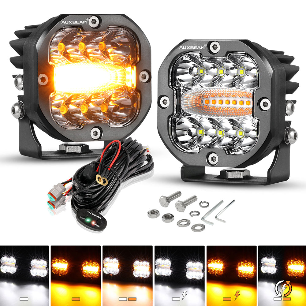 Auxbeam® 3 Inch 96W 9600LM 6 Modes White & Amber LED Pods Lights