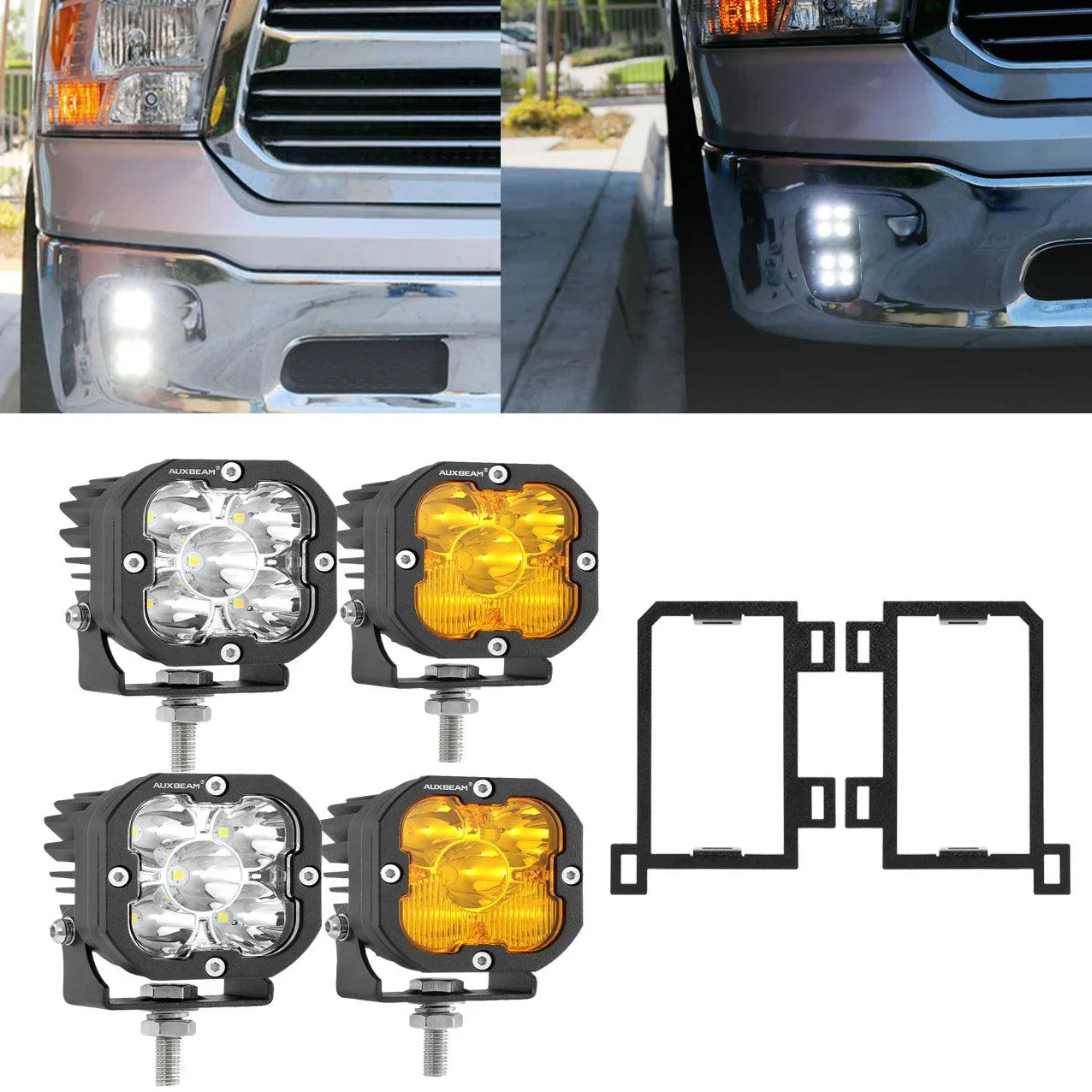 3 inch LED Pods Lights with Additional Amber Covers & Fog Lamp Mounting Brackets (Vertical Fog Lamp) for Dodge Ram 1500 2013-2018 3 inch LED Pods Lights with Additional Amber Covers & Fog Lamp Mounting Brackets (Vertical Fog Lamp) for Dodge Ram 1500 2013-2018