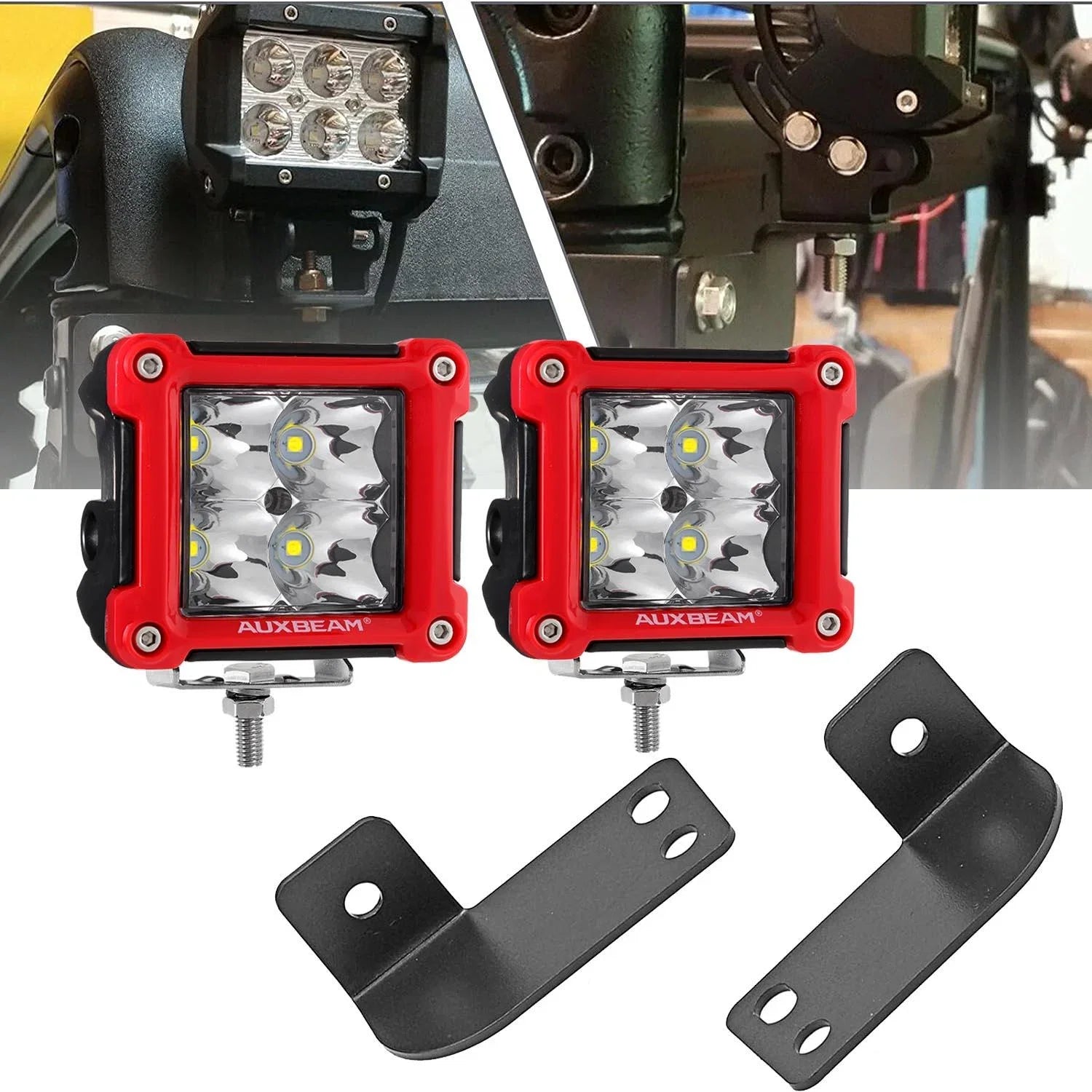 3 Inch 20W Spot Beam LED Pod Lights & LED Pod Lights Mounting Brackets Combo for 2014-2021 Polaris RZR 900 1000 & TURBO RI Flood Beam / Red